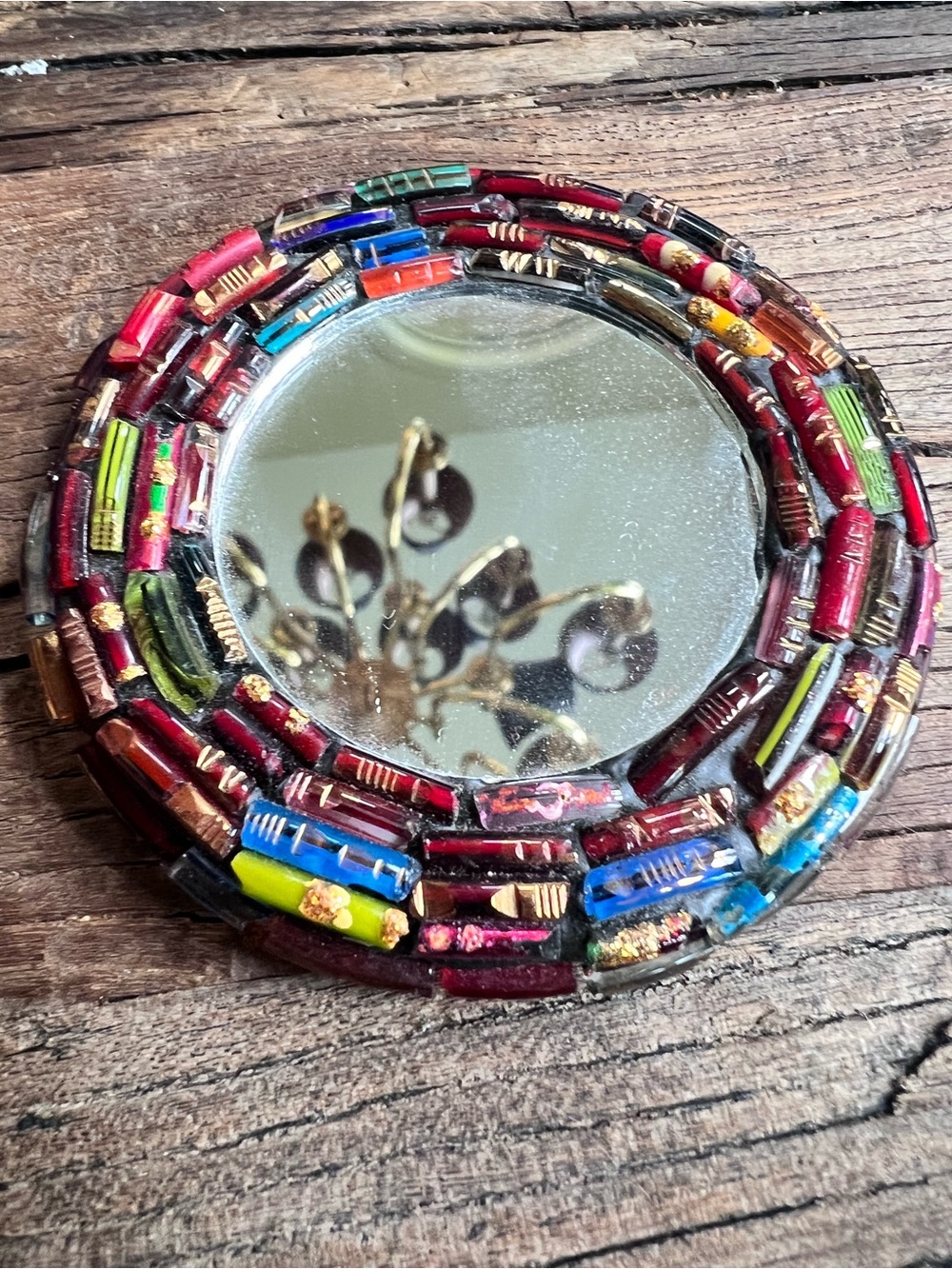 Handcrafted Multicolor Mosaic Round compact Mirror in sheer bag